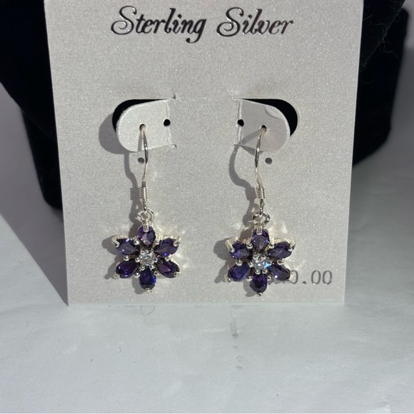 Sterling Silver Cubic Zirconia & Amethyst Flower Pierced Earrings NWT - Picture 3 of 7